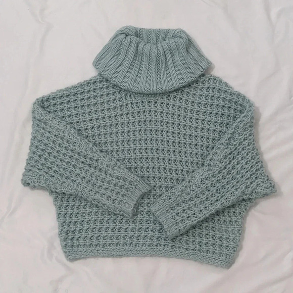 Oversized Open Stitch Cowl Neck Sweater, Color Light Blue Size XS-TP - Picture 1 of 12